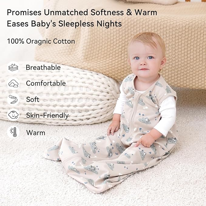 Baby Sleep Sack 18-24 Months 0.5 Tog Wearable Blanket Baby, 3 Pack 100% Cotton Lightweight Sleeping Sack with 2-Way Zipper for Infant Toddler Apricot White Sun Clouds