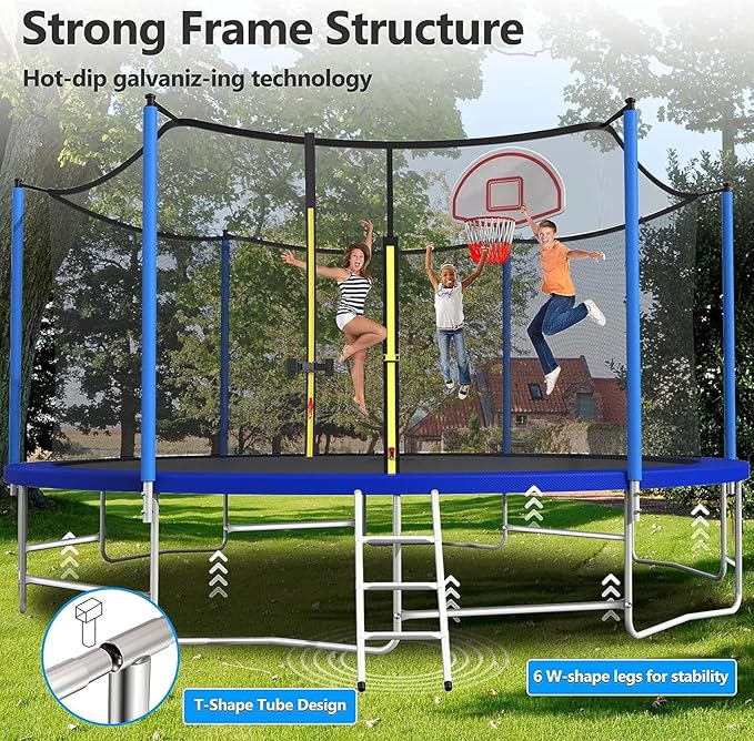 Upgraded 16FT 15FT 14FT 12FT 10FT 8FT Trampoline Outdoor with Basketball Hoop and Net, Capacity for 4-6 Kids and Adults