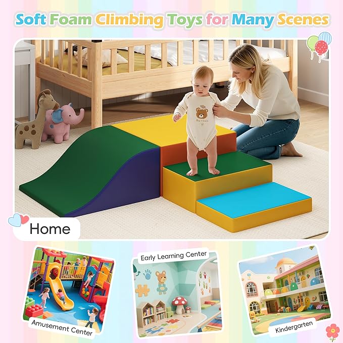 Soft Climbing Toys for Toddlers, Soft Foam Climbing Blocks, PU Leather Gym Climb & Crawl Soft Activity Playset, Indoor Climbing Toys Equipment for Kids and Children, Classic Yellow