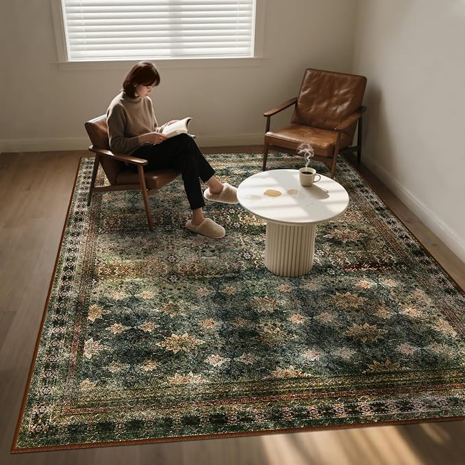 Large 8x10 Washable Area Rug for Living Room, No Shedding Vintage Floral Print Rugs Non Slip, Indoor Thin Retro Accent Carpet for Bedroom Farmhouse Dining Room(Dark Green/Brown/Multi)