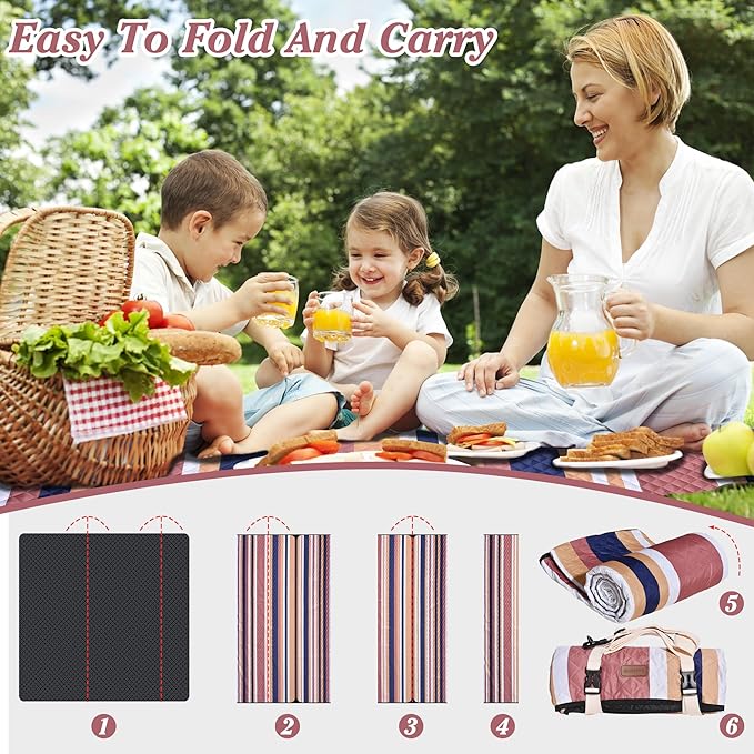 Waterproof Picnic Blanket 80" x 80" in Portable with Carry Strap for Beach Mat or Family Outdoor Camping Party, Park Blanket for Grass Park, Hiking, Travel, Concerts (Brown&Orange, 80" x 80")