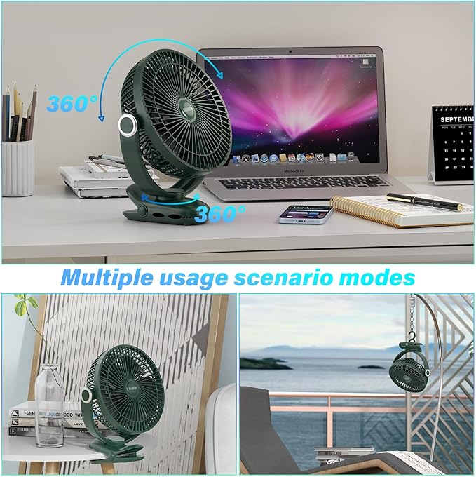 12000mAh Clip on Fan 30H Longest Runtime, 8in Portable Fan Rechargeable, Ultra Quiet with Heavy-Duty Clamp, USB Desk Fans for Golf Cart,Office Desk, Treadmill, Camping, Bedroom