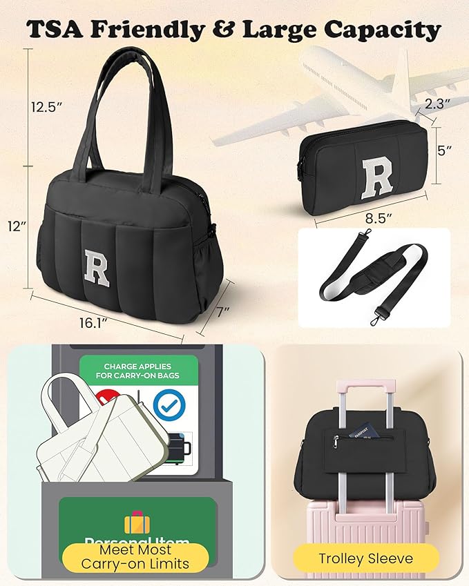 Women Duffle Bag with Initial, Gifts for Teenagers-Personal Item Travel Bags，Gym Bag with Wet Pocket，Lightweight Travel Bags Personalized Tote with Makeup Pouch