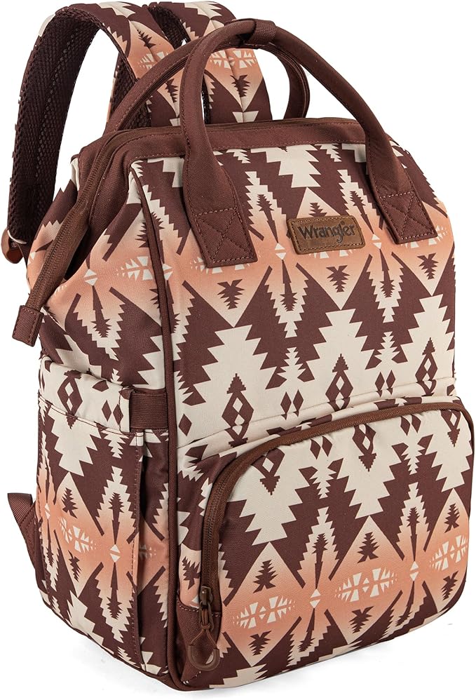 Wrangler Aztec Backpack Organized Daypack Travel Baby Bag with Stroller Strap and Side Bottle Pockets WG2204-9110BR