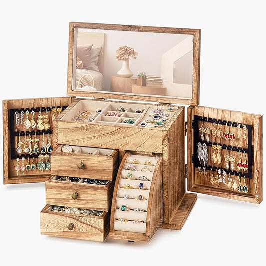 Jewelry Box Organizer, Solid Wood Jewelry Boxes fow Women with Mirror, Double Layer Jewelry Organizer Box Display Earring Necklace Bracelet Ring, Rustic Style Small Jewelry Box for Girls