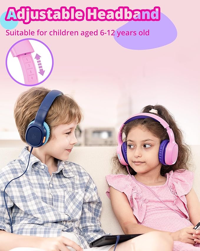 Tronsmart KH01 Kids Headphones - Foldable Over-Ear With Safety Volume 85/93dB, HD Stereo, 3.5mm Jack for Boys/Girls/School/Kindle/Travel/Tablets (Pink)