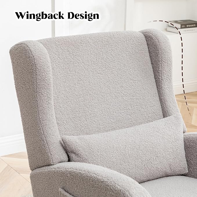 Rocking Chair Nursery with Foot Rest, Wingback Nursery Rocking Chairs, Teddy Nursing Glider Rocker Chair with Pillow and High Back for Nursery, Living Room, Bedroom, Grey