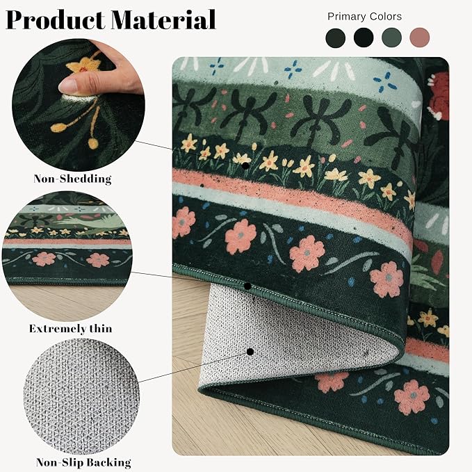 Bedroom Rug 3x5 Rug Washable Area Rug Non Slip Low Pile Vintage Floral Botanical Small Carpet for Bedroom, Bedside, Kitchen, Entryway, Kids Room, Office, Green
