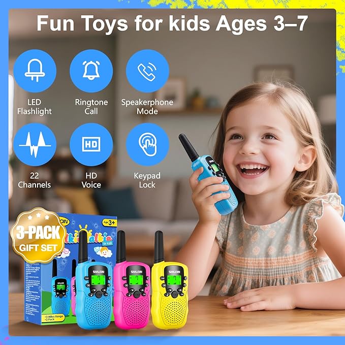 Walkie Talkies for Kids Toys for Boys Girls 4-6, 3 Miles Range Walkie Talkie to Camping, Outdoor 4 Year Old Girl Birthday Gifts for 3 4 5 6 7 Year Old Boy Girl Gifts Age 6-8 (Blue&Pink&Yellow)