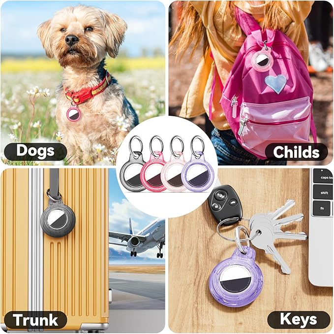 Upgrade Waterproof 4 Pack Airtags Holder with Apple Airtags Keychain, Hard PC Clear Air Tag Case, Anti-Scratch & Shock Air tag Holder, Men's Women's Keyrings & Keychains-Black+Red+Pink+Purple