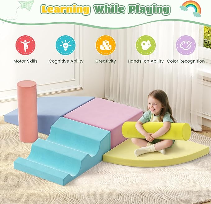 Lischwert Foam Climbing Blocks for Toddlers 1-3, 6pcs Soft Play Set with Crawling Exploration Toys, Indoor Outdoor Infant Safe Blocks for Baby Gym Toddler Playground