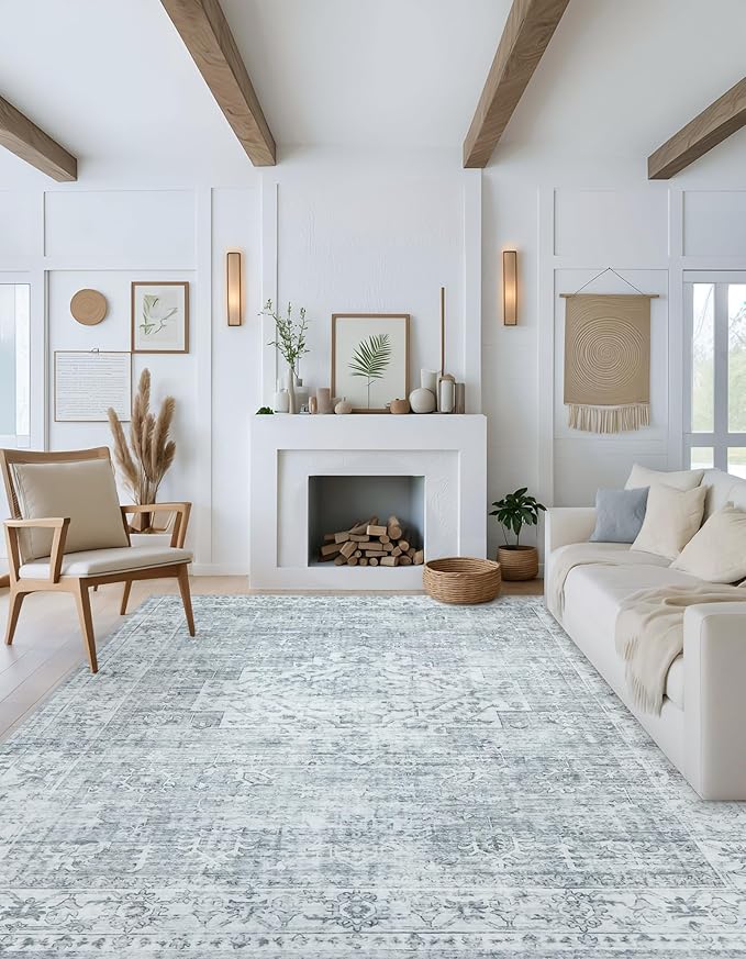 LIVEBOX Washable Area Rug 6x9 Rugs for Living Room Dining Room Under Table, Non-Slip Boho Neutral Carpet for Bedroom, Low-Pile Farmhouse Soft Carpets for Nursery Room Playroom, Grey