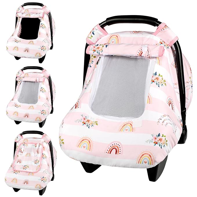 Pea Pod Car Seat Cover Baby, Infant Car Seat Canopy Covers for Newborn with 2 Layers Windows of Breathable Mesh Fabric, Lightweight Polyester/Soft Minky Dot Backing (Floral & Rainbow)