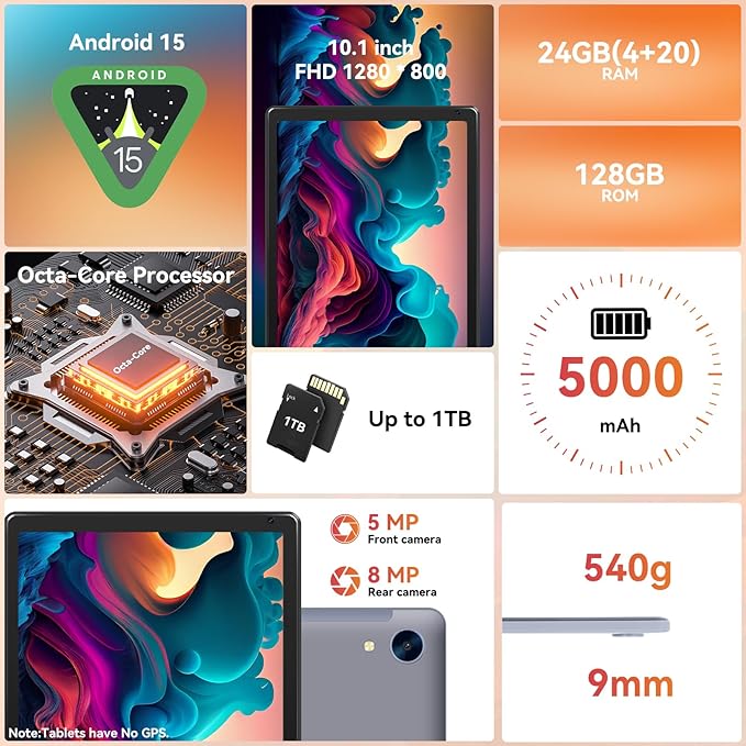 Tablet,10.1" Android Tablet with Octa-core Processor 24GB RAM 128GB ROM HD IPS Touchscreen 8H Battery, Wi-Fi 6, BT 5.0, Dual Camera, Android 15 Tablets 2025