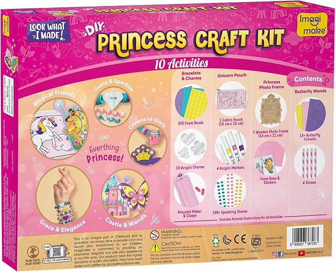 Imagimake Princess Craft Kit | 10 Mess-Free DIY Activities | Bracelet Making Kit, Unicorn Pouch, Butterfly Wands & Photo Frame | Girls Toys Age 6-8 | 5,6,7,8,9,10,11,12 Year Old Girl Birthday Gifts