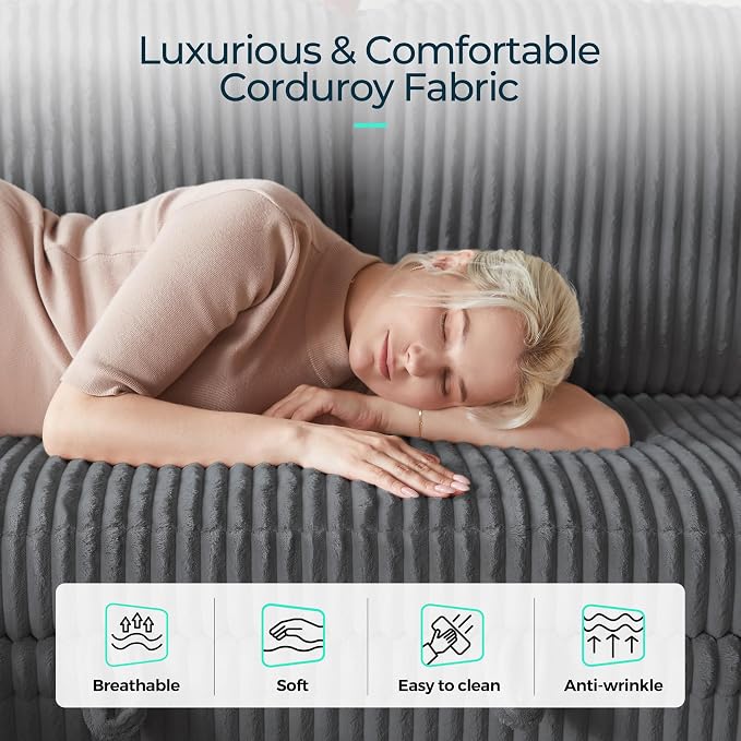 LINSY HOME Sectional Sofa with Pull Out Bed, 4 Seats Corduroy Reversible - Image 7