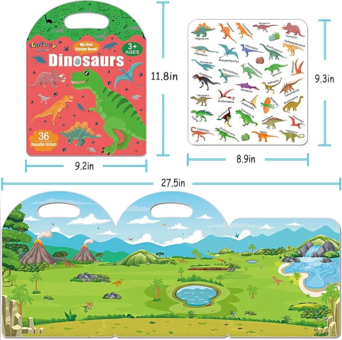 Reusable Sticker Book for Toddlers, Sticker Books for Toddlers 2-4 Years, Airplane Travel Essential for Kids, Stickers for Kids 2 3 4 5 6 Year Old Girls Boys (Dinosaurs)