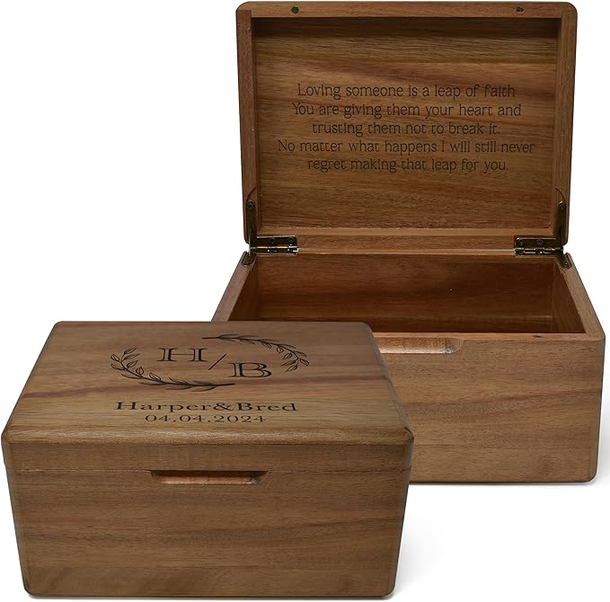Customized Wedding Memory Box Small - Acacia Wood Engagement Gift Boxes for Couples, Keepsake Box Wedding Personalized, Custom Gift for 5 Year Marriage Anniversary Time Capsule, 8x6x4 in