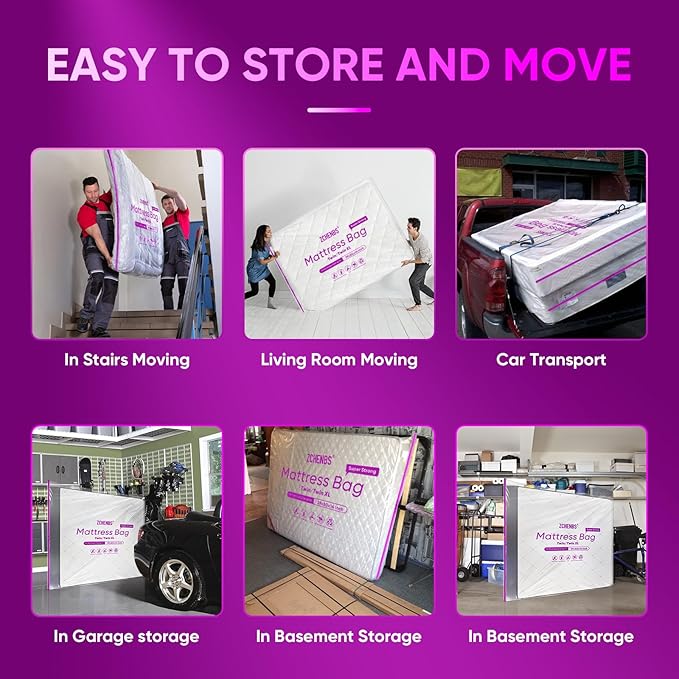 ZCHENBS® – Mattress Bags for Moving and Storage,Mattress Bag with Zippers,5 Mil Ultra-Thick Bed Bag,Waterproof,Anti-Tear,Heavy-Duty Mattress bag (Tansparent/Purple, Twin/Twin XL-(1 Pack))