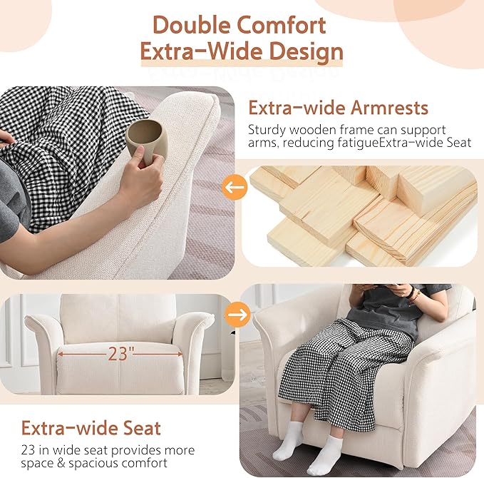 Manual Rocker Recliner Chair with Glider Motion for Nursery, 160° Recline & Wide Armrests - Overstuffed Snowflake Fleece Nursery Chair for Small Spaces, Living Room, Bedroom