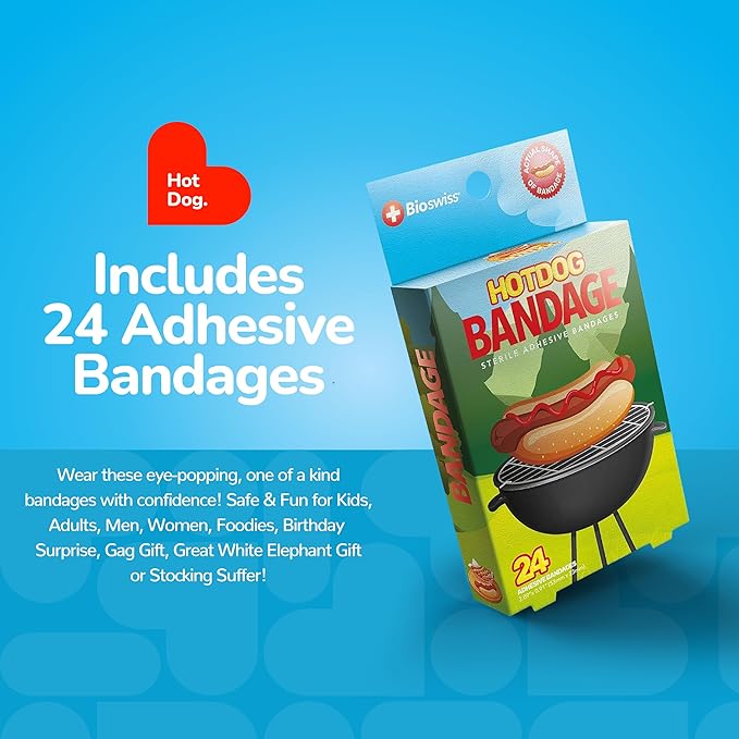 BioSwiss Bandages, Hot Dog Shaped Self Adhesive Bandage, Latex Free Sterile Wound Care, Fun First Aid Kit Supplies for Kids, 24 Count