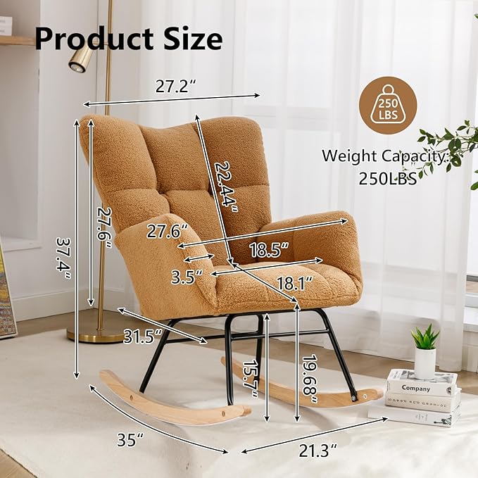 NIOIIKIT Nursery Rocking Chair Teddy Upholstered Glider Rocker Rocking Accent Chair Padded Seat with High Backrest Armchair Comfy Side Chair for Living Room Bedroom Offices (Kahaki Teddy)