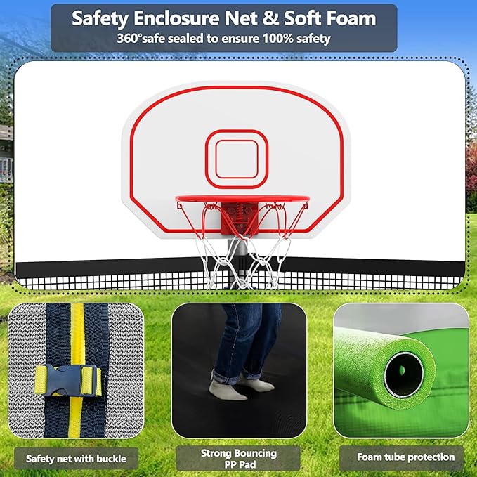 Upgraded 16FT 15FT 14FT 12FT 10FT 8FT Trampoline Outdoor with Basketball Hoop and Net, Capacity for 4-6 Kids and Adults