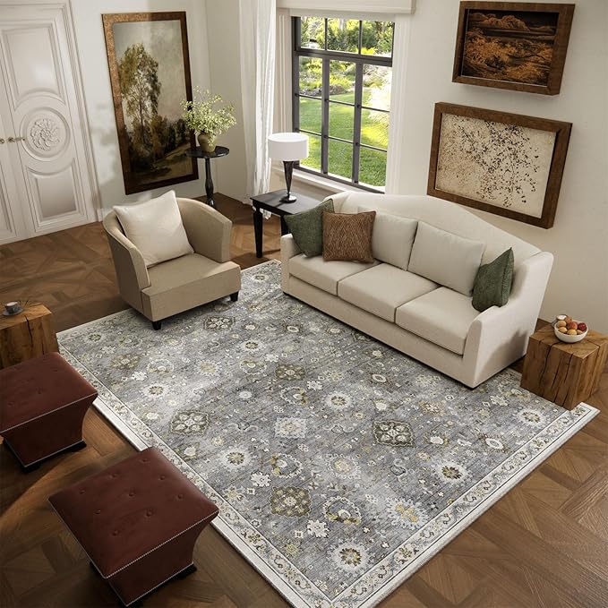 Machine Washable Rug for Living room: 5x7 Area Rugs Boho Vintage Rugs Stain Resistant Non Slip Low Pile Lightweight Soft Carpets for Bedroom Kitchen Dining Room Nursery Kids Room Farmhouse Home Office