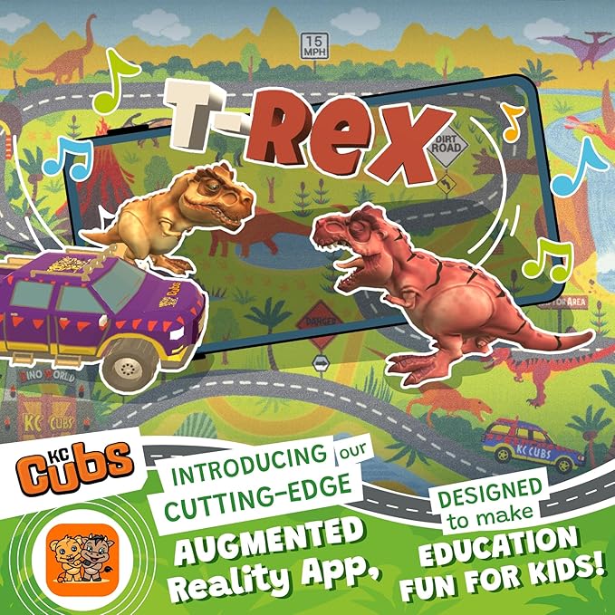 KC Cubs 8x10 Dinosaur Toy Car Dino Road Rug – Educational Play Mat Carpet for Kids, Toddlers, Nursery, Classroom, Playroom, Baby Daycare, Boys & Girls
