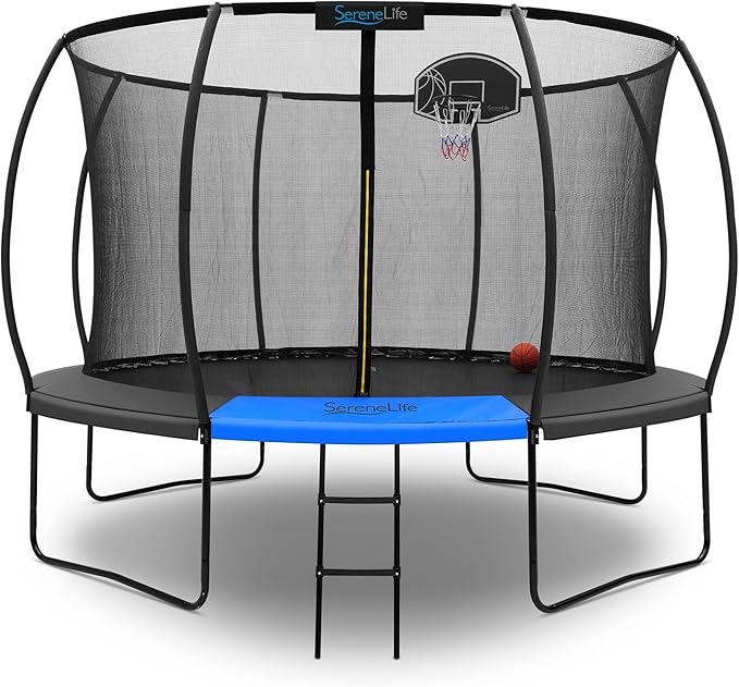 SereneLife 8FT 10FT 12FT 14FT Outdoor Trampoline for Kids - Recreational Backyard Trampoline with Curved Safety Poles and Net Enclosure- ASTM Approval for Kids Adults