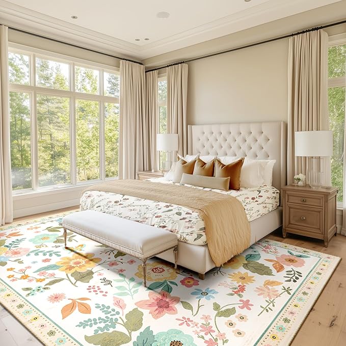 Floral 6x9 Area Rug Machine Washable Soft Print Boho Carpet Non Slip Doormat Low Pile Flower Area Rugs for Living Room Bedroom Nursery Kitchen Dining Room Indoor-Beige/White/Orange
