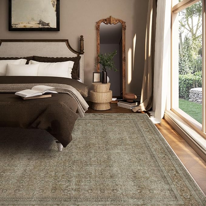 Washable Area Rugs for Living Room: 5x7 Bedroom Rug Boho Vintage Rugs Stain Resistant Non Slip Low Pile Lightweight Soft Carpets for Dining Room Kitchen Nursery Kids Room Farmhouse Living Room