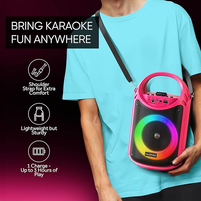 MASINGO Karaoke Machine for Kids and Adults with 2 Wireless Bluetooth Microphones, PA Portable Speaker with Colorful LED Lights, Supports TF Card/USB, AUX/MIC in, TWS for Home Party, Burletta C10 V2