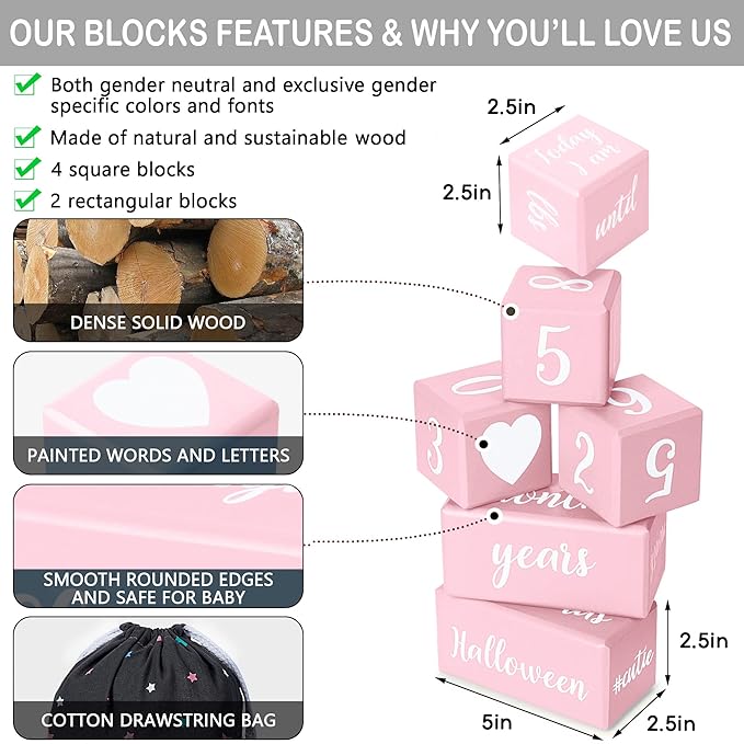 Pink Baby Monthly Milestone Blocks with Bag. Baby Age Blocks for Girl or Boy Baby Photo Props and Baby Shower. Month Baby Milestone Blocks with Grammatically Correct Month and Year