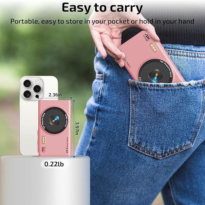 Upgrade Digital Camera, FHD 4K 44MP Autofocus Digital Point and Shoot Video Camera with 16X Zoom, 32GB SD Card, Compact Digital Camera Cheap for Teens Boys Girls Kids Pink Camera