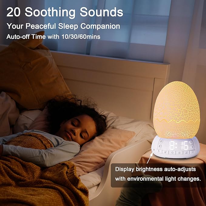Upgraded Dinosaur Egg Alarm Clock/Digital Clock/Night Light/Music & White Noise Aid Sleep Machine/Bluetooth Speaker, Decor Ideal & Unique Lamp for Bedroom/Living Room, Gifts for Kids