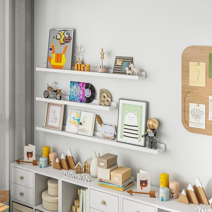 Solid Ash Wood Picture Ledge Shelf, 36 Inch Floating Shelves with Lip Set of 2, Photo Ledge Shelf Nursery Bookshelf Wall Mounted for Living Room Bedroom Decor, White