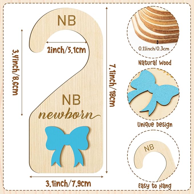 R HORSE Wooden Baby Closet Dividers - 3D Coquette Blue Bow Baby Closet Organizer, 8Pcs Double-Sided Newborn Clothes Size Hanger Dividers, Nursery Decor Birthday Gift for Boy Girl (0-24 Months)