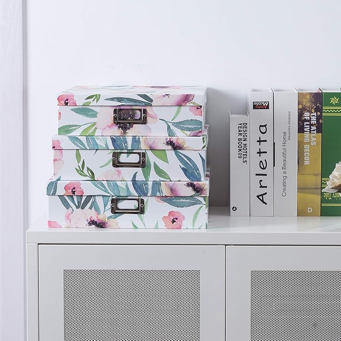 Soul & Lane Decorative Cardboard Storage Boxes With Lids for Home Décor, Set of 3 Floral Photo and Letter Box Set, Nesting Paperboard Storage for Scrapbook Paper, Keepsakes, Memories