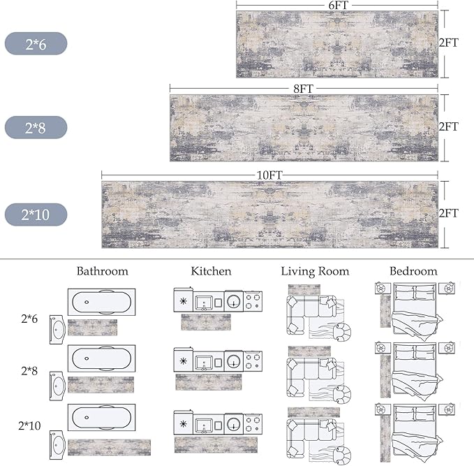 Washable Area Rugs 2'x8' Non-Slip Modern Abstract Soft for Living Room Entryway Bedroom Nursery, Print Pattern, Purple Grey Cream Yellow