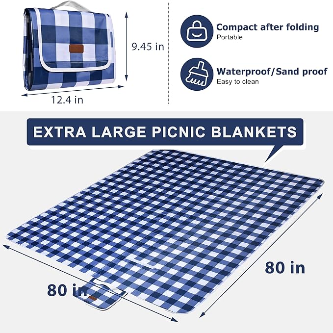 80"x80" Extra Large Waterproof Outdoor Mat - Sandproof Foldable Picnic Blanket for Family Camping, Backyard, Beach Parties - Heavy Duty & Easy Storage (Blue&White)