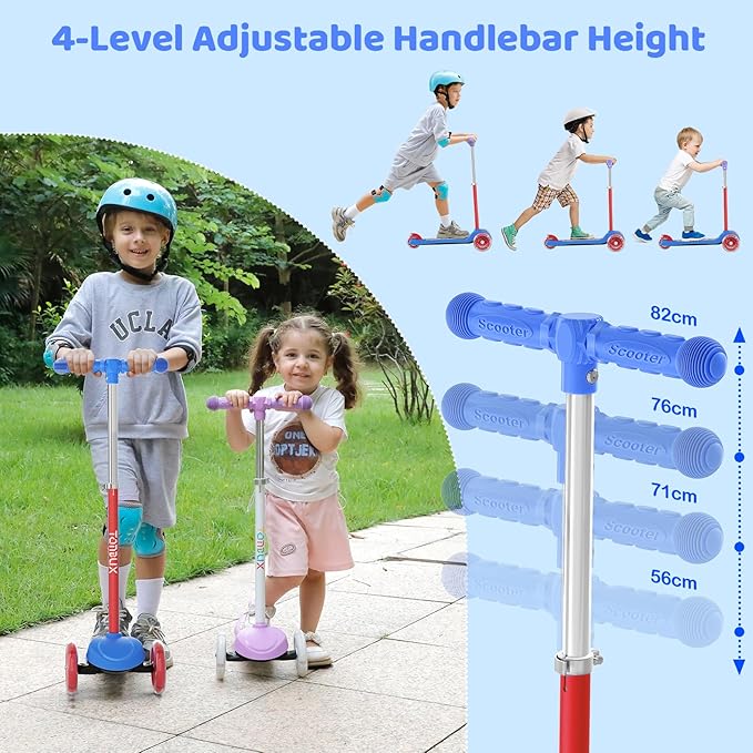 TONBUX Kids Scooter for Ages 3-5, Toddler Scooter with Light-Up Deck and Wheels, Adjustable 4-Level Height 3-Wheel Scooter for Kids, Lean-to-Steer Design