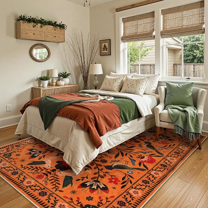 Moynesa Washable Area Rugs 5x7, Ultra Thin Soft Rugs for Living Room Bedroom Non Slip, Indoor Boho Bird Patterned Orange Floral Throw Carpet for Playroom Office Kitchen Stain Resistance
