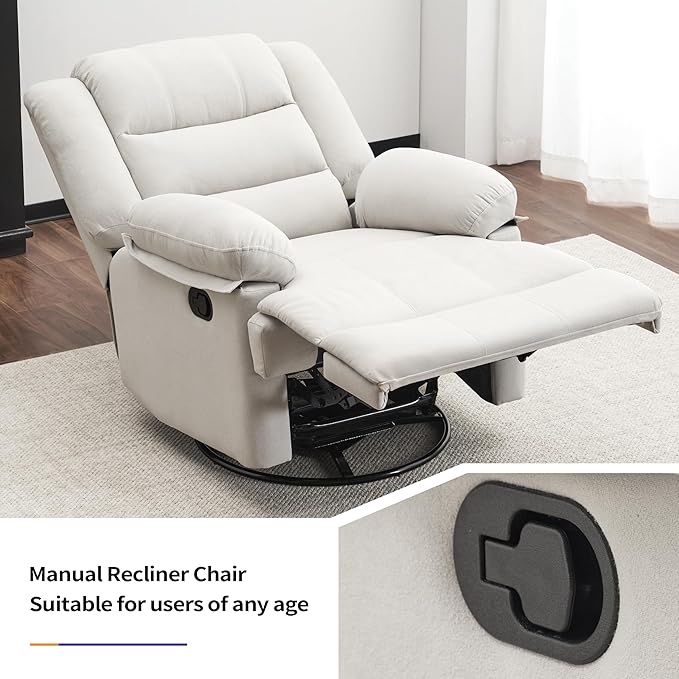 Swivel Rocking Recliner Chair for Adults, Overstuffed Manual Glider Rocker Recliner Chairs, Upholstered Reclining Single Sofa for Living Room Nursery (Beige)