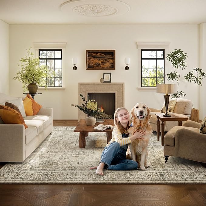 Washable Area Rugs for Living Room: 8x10 Bedroom Area Rugs Boho Vintage Rugs Stain Resistant Non Slip Low Pile Soft Lightweight Carpet for Kitchen Dining Room Farmhouse Nursery Kids Room Home Office