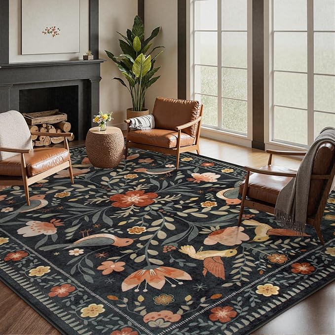 Moynesa Boho Bird 5x7 Area Rugs for Living Room, Black Floral Living Room Rug 5x7 Washable Low-Pile Bedroom Rug Non Slip, Vintage Soft Jungle Animal Floor Carpet for Nursery Playroom