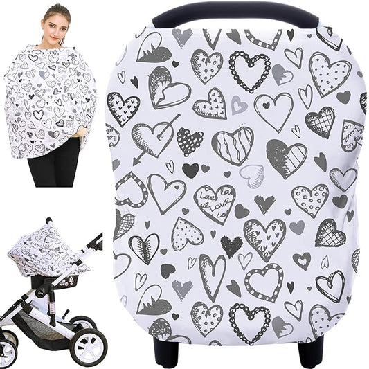 Baby Car Seat Covers, Carseat Canopy, Boys Girls Privacy Breastfeeding Cover (Grey Heart)
