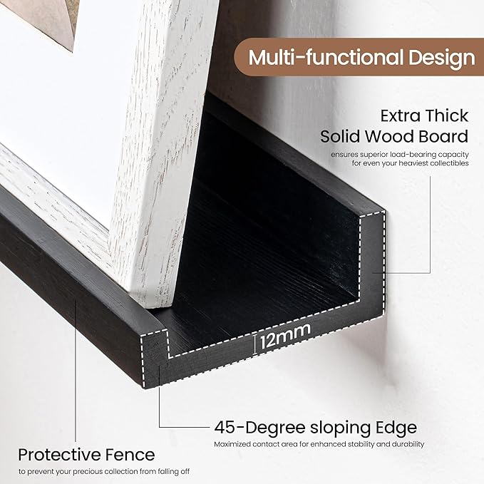 Picture Ledge Shelf, Solid Pine Wood Floating Shelves Set of 4, 16 Inches Nursery Book Shelves for Toys Storage, Kids Bookshelf Wall Mounted for Living Room Decor Photo Frames, Black