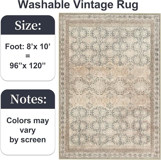5x7 Washable Area Rug for Living Room Rustic, Non Slip Vintage Floral Bedroom Rugs Retro, Traditional Indoor Floor Carpet for Dining Room, Kitchen, Farmhouse, Office Beige/Pink/Orange