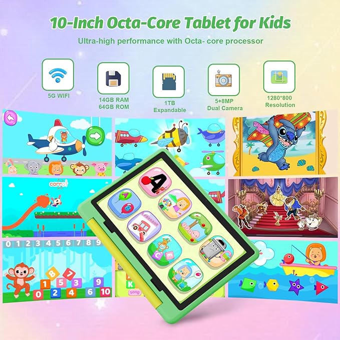 Kids Tablet 10 Inch Android 14 Tablet for Kids Ages 3-12, Octa-Core with Case, Parental Controls,14GB+64GB Storage (TF Expand 1TB), 5G WiFi, BT5.3, Green